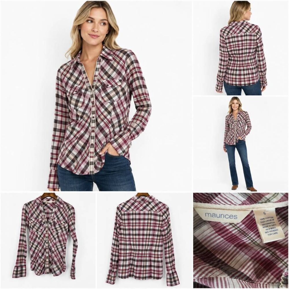 Maurices Plaid Button Front Blouse Small Cotton
